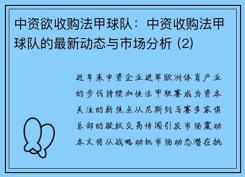 中资欲收购法甲球队：中资收购法甲球队的最新动态与市场分析 (2)